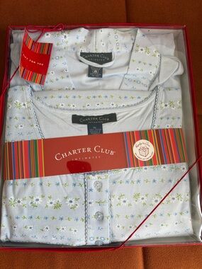Charter Club Light Blue Floral Cotton-Blend Robe & Pajama Set